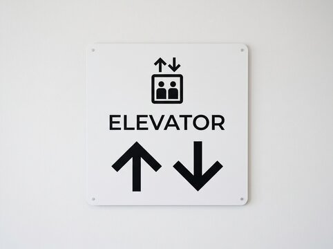 Elevator sign with lift symbol and directional arrows on white background, suitable for malls, offices, hotels, and public building signage.