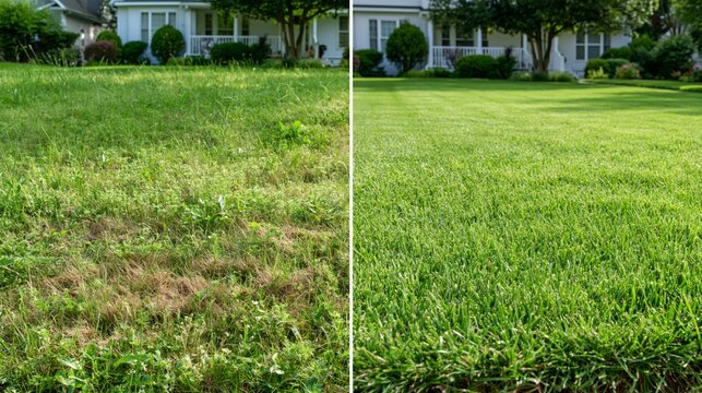 A lawn care before and after split showing an overgrown weed-filled lawn on the left and a freshly mowed even bright green lawn on the right.