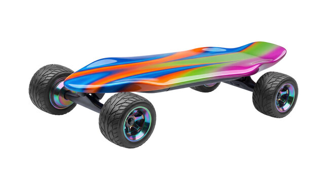 Bright multicolored electric skateboard with rainbow gradient isolated on transparent background