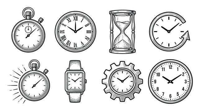 Collection of vintage and modern timekeeping devices: clocks, watches, and hourglass