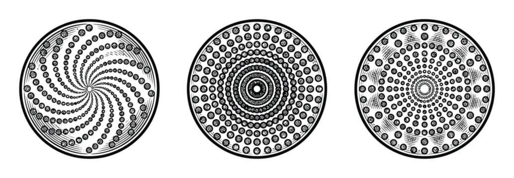 Three circular abstract with dot patterns and swirling