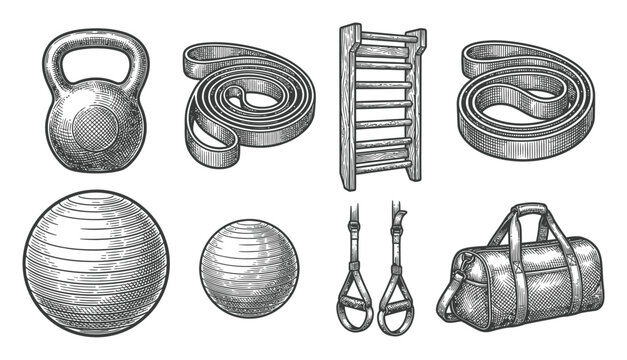 Vintage fitness equipment collection: kettlebell, bands, balls, and more