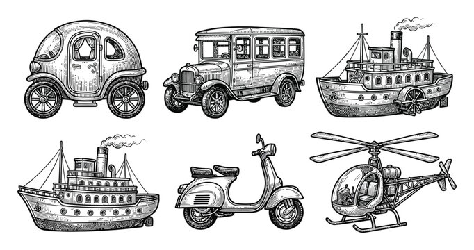 Vintage and modern vehicles: car, bus, steamship, scooter, helicopter