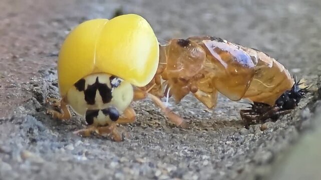 4K Macro Shot of a Ladybug Emerging from its Pupa, Metamorphosis Process #006