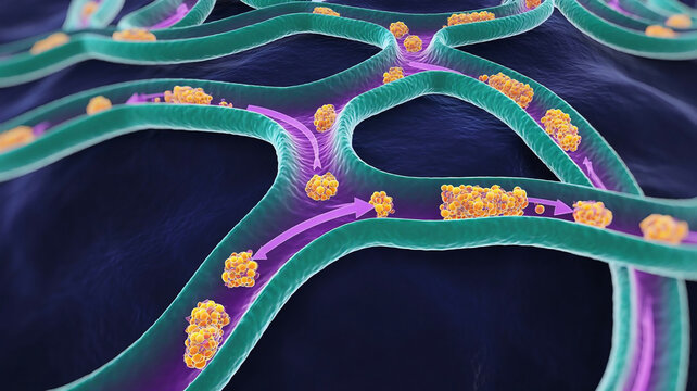 Smooth endoplasmic reticulum structure illustrated in vibrant colors showing lipid synthesis activity in detailed medical textbook style with a macro microscopic perspective