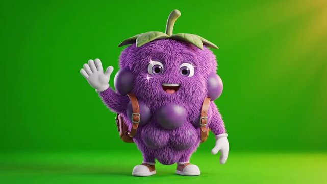 A friendly cartoon grapes character in animation waves hello with a backpack against a vibrant green background