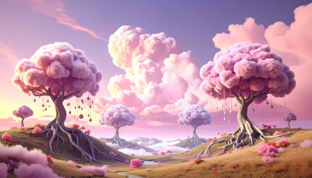 Surreal dreamscape with inverted trees and pastel clouds under a gentle sky
