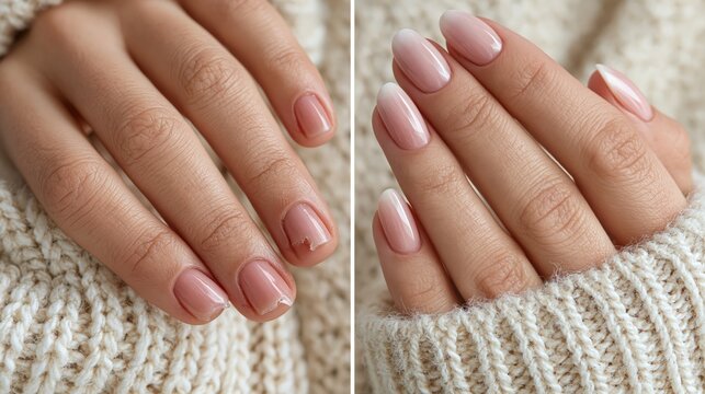 A nail recovery before and after split showing severely bitten ragged chewed-down nails on the left and healthy grown manicured nails on the right.