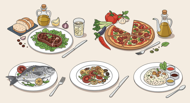 Diverse set of delicious food plates including grilled steak, pepperoni pizza, baked fish, pasta, and meatball rice.
