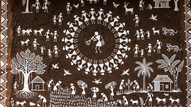 Traditional Warli tribal art painting on dark mud wall with white rice paste geometric figures tarpa dance village scene raking side light