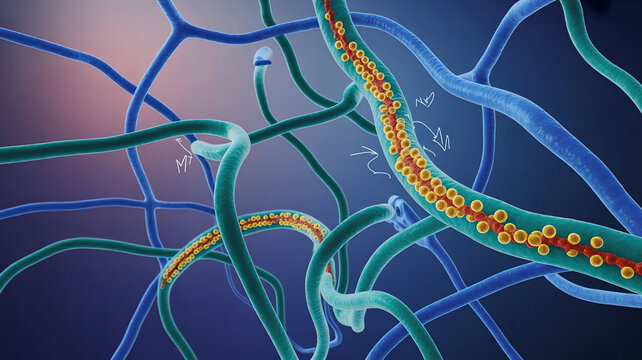 Smooth endoplasmic reticulum structure illustrated in vibrant colors showing lipid synthesis activity in detailed medical textbook style with a macro microscopic perspective