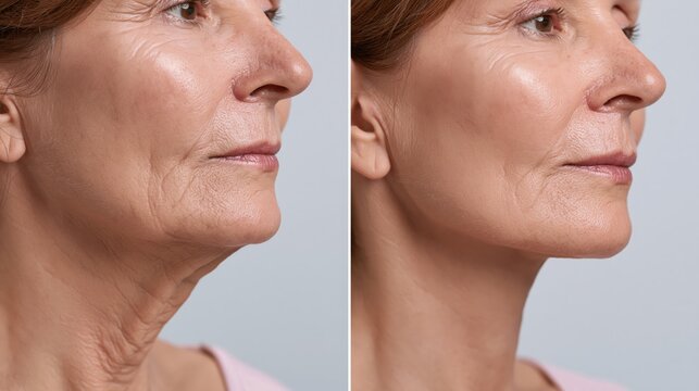 A neck lift before and after split showing sagging platysmal bands and jowls on the left and a taut smooth tightened neck on the right.