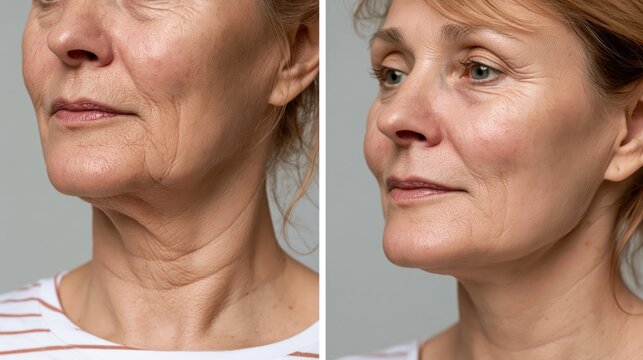 A neck lift before and after split showing sagging platysmal bands and jowls on the left and a taut smooth tightened neck on the right.