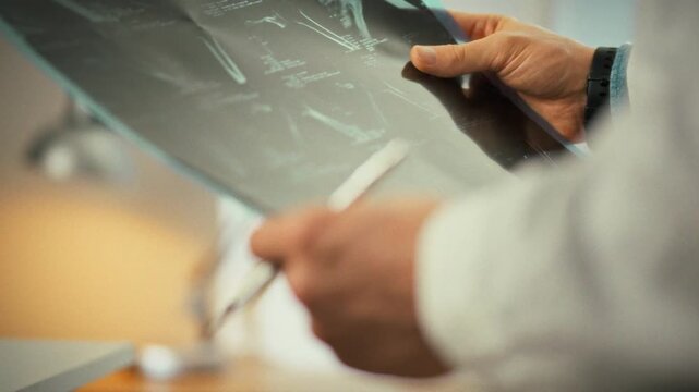 In a bright x-ray room, a physician holds a volumetric MRI film, scrutinizing multiple angled images of the patient's injury, showcasing precise medical imaging analysis for diagnosis