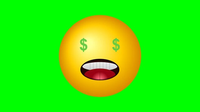 Yellow emoji face with dollar sign eyes and an open mouth on a bright green screen
