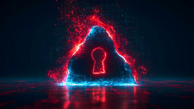 Futuristic digital security concept with glowing neon keyhole surrounded by red and cyan electrical energy particles on dark technological background.
