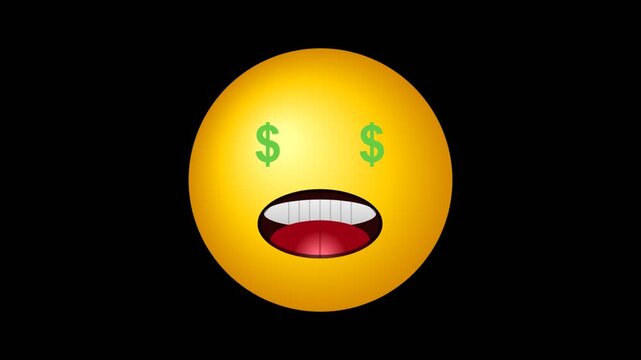 Yellow emoji face with dollar sign eyes and an open mouth isolated on black background