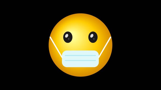 A yellow emoji face wearing a protective medical face mask isolated on black background