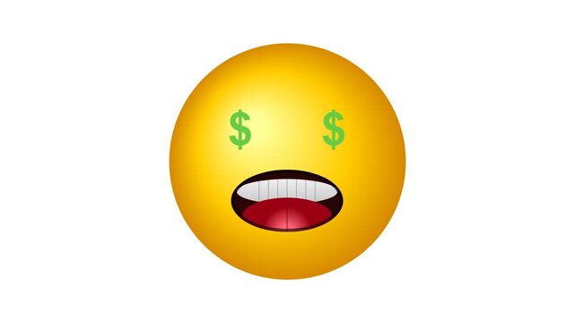 A yellow smiley face emoji with dollar sign eyes and a wide open mouth on a white