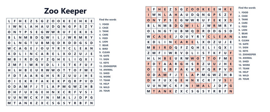 Word seek puzzle sheet with highlighted words related to zoo keeper  