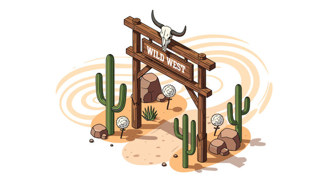 Isometric view of a traditional western ranch gateway with cacti and rocks in a hot sandy desert environment.