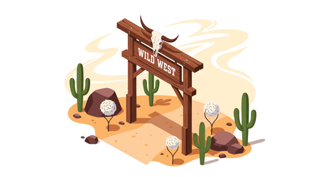 Rustic wooden wild west ranch entrance gate decorated with a bull skull in a dry desert landscape with cacti.