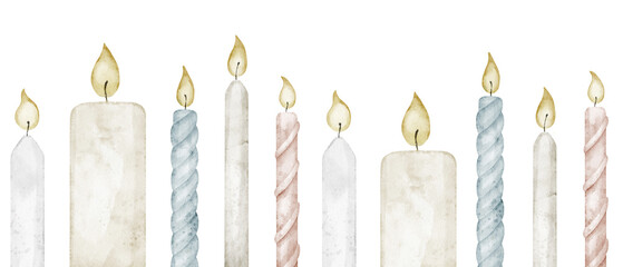 Candles seamless border for Birthday greeting cards or childish party invitation templated. Watercolor illustration with party elements on isolated background for celebration design. Art for kids © Alisles