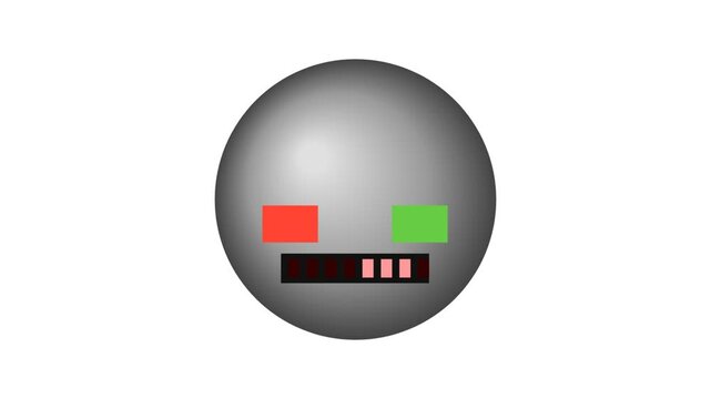 A grey circular robot head icon with red and green eyes and a digital loading bar