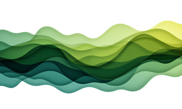 Abstract green waves isolated on a transparent background with flowing paper cut layers for modern branding and graphic design