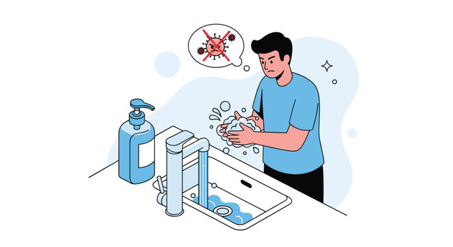 Man washing his hands thoroughly with soap at a bathroom sink to prevent the spread of germs and virus infections.
