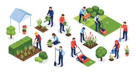 Naklejka premium Isometric view of various people gardening and landscaping including tasks like mowing the lawn, watering plants, and trimming green hedges.