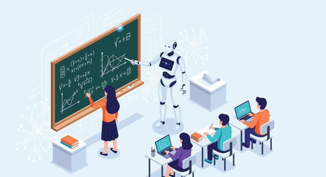 Futuristic classroom setting where a humanoid robot teacher instructs students on complex mathematics and geometry using a traditional chalkboard.