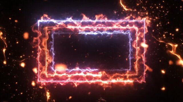 Abstract glowing frame with fiery elements on black background