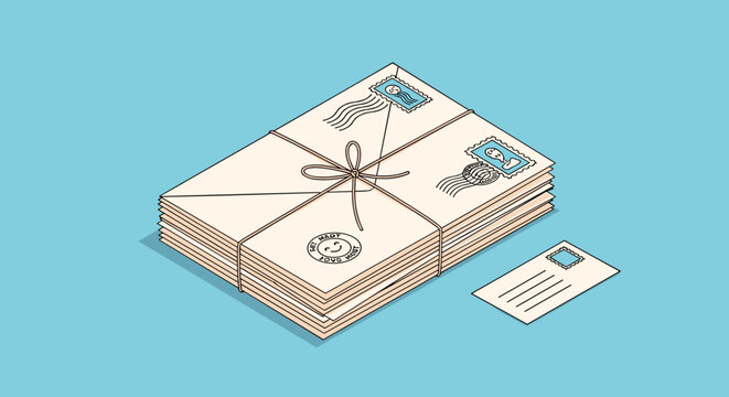 Stack of vintage style envelopes tied together with string and a single postcard placed next to it on a clear light blue background.