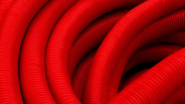 Bright red corrugated plastic conduit coiled into overlapping ribbed loops filling the frame