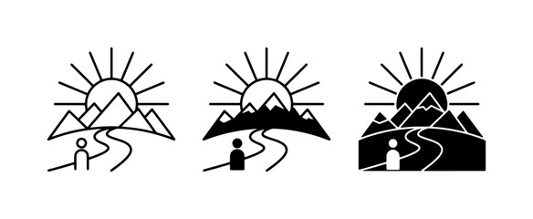 Obraz premium Mountain Sunrise Journey Icons, Adventure Path Vector Art, Outdoor Exploration Symbols
