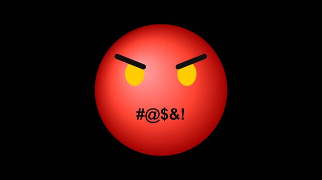 A red angry emoji with glowing yellow eyes and black profanity symbols on a background