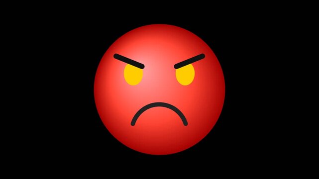 A red angry emoji face icon with glowing yellow eyes isolated on a black background