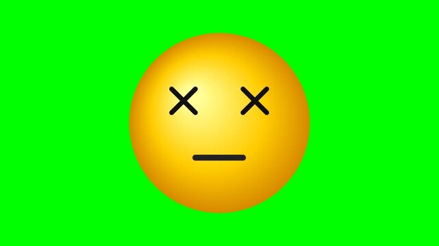 A yellow dead emoji face with cross eyes and a flat mouth on a bright green screen