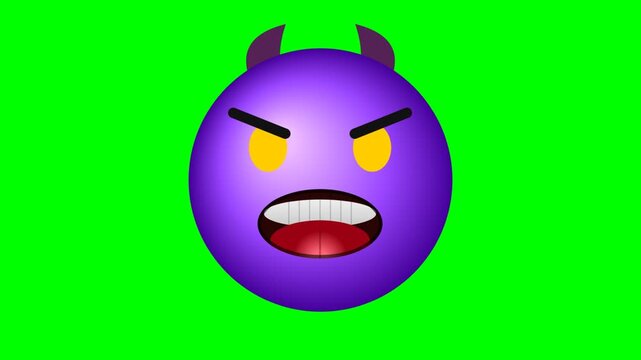 A purple devil emoji with angry expression and glowing eyes on a bright green screen