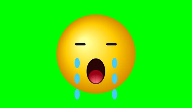 A sad yellow crying emoji face with tears streaming down isolated on green background