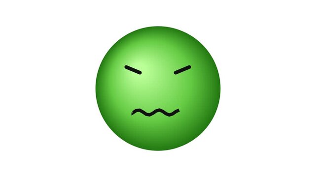 A green emoji sphere showing a frustrated facial expression on a plain white surface