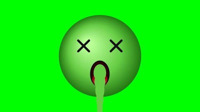 A green emoji face with x eyes vomiting liquid isolated on a bright green background