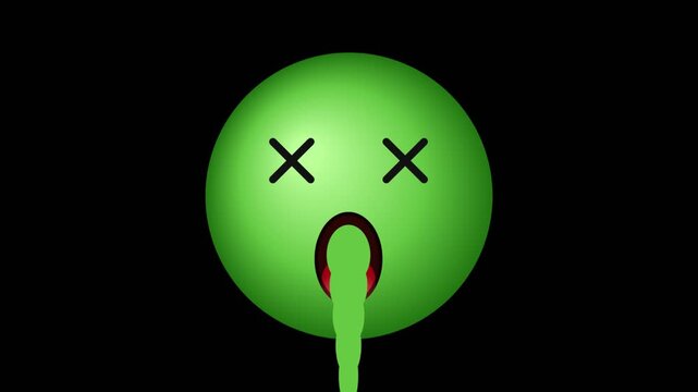 Green emoji face with x eyes vomiting liquid isolated on a solid black background now