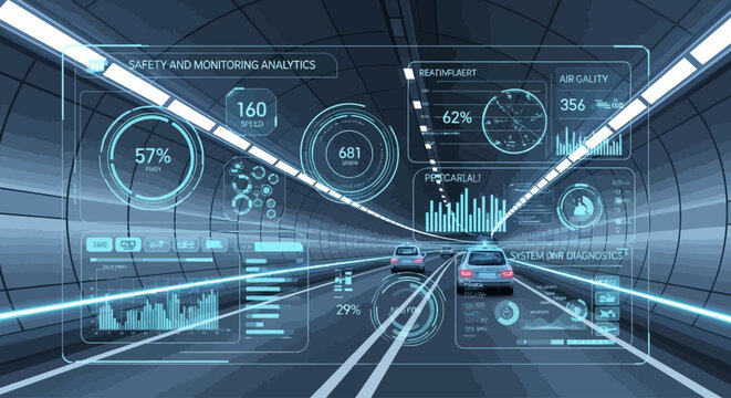 Futuristic Digital Dashboard with Car Technology and Data Analytics in a Tunnel