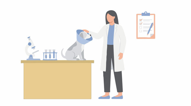 Veterinarian performing a check-up on a dog with a cone collar in a clinic
