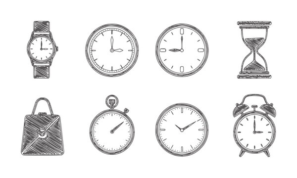 Collection of hand drawn timekeeping and a handbag clock watch hourglass stopwatch