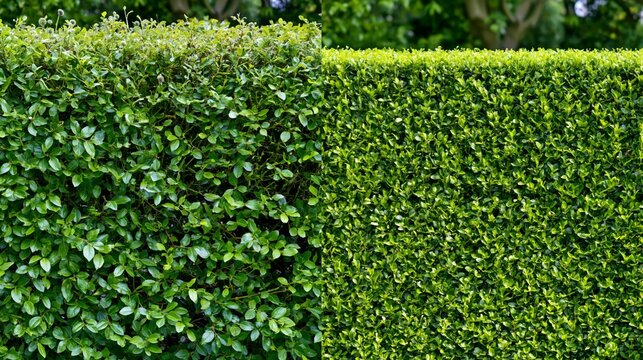 A hedge trimming before and after split showing an overgrown shapeless unruly hedge on the left and a neatly flat topped sculpted hedge on the right.