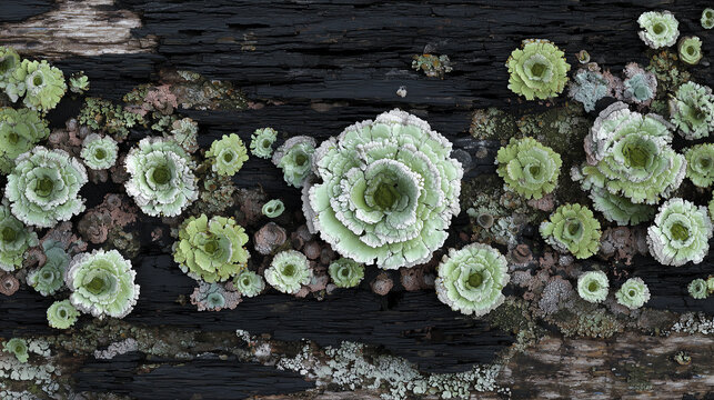 Macro of a pale green lichen rosette colony spreading across dark weathered tree bark