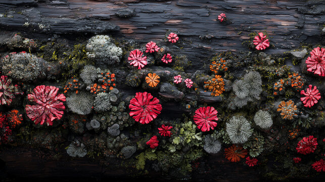 Vivid red and orange lichen rosettes clustered with grey moss across dark charred bark